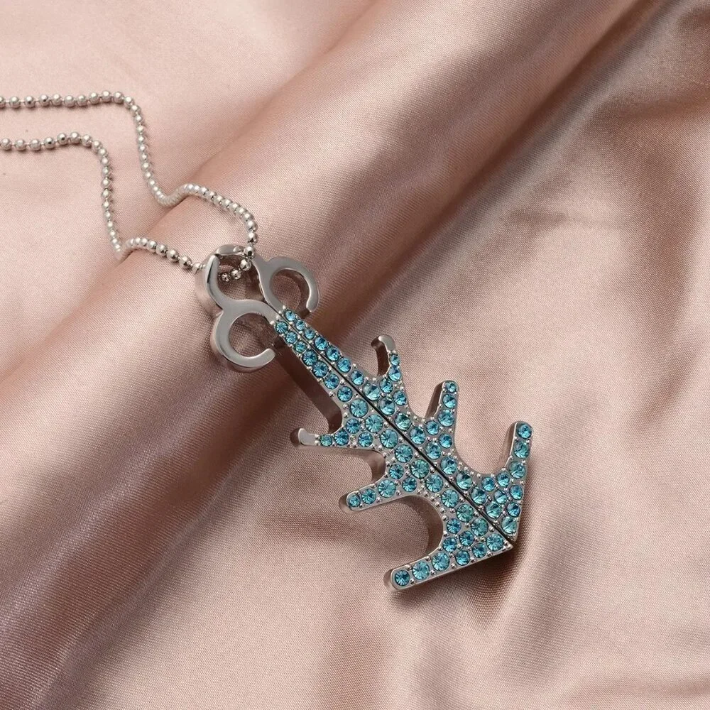 New, Blue Austrian Crystal Enameled Anchor Conertable Pendant Necklace - Picture 4 of 7